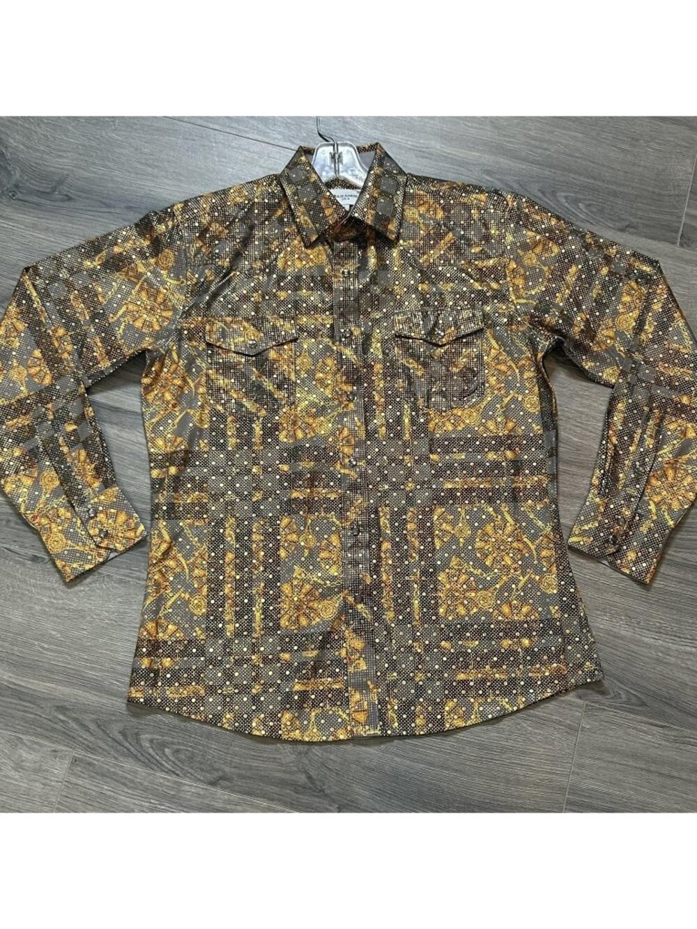 Ace Of Diamond Shirt Mens S Gold Geometric Metallic Snap Front Western Party USA